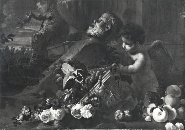 Anonimo — Brueghel Abraham - sec. XVII - Natura morta con frutta, fiori, erma e putto — insieme